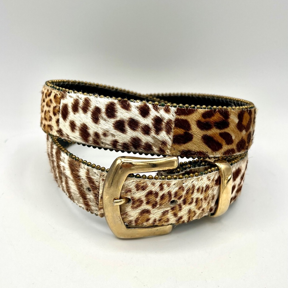 Animal Print Calf Hair Patchwork Belt Size M Gold Buckle Beaded Trim 1629